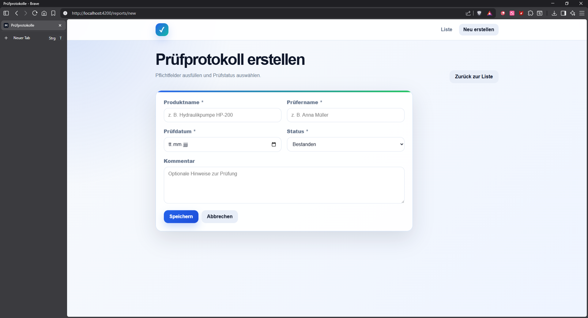 Prüfprotokoll erstellen