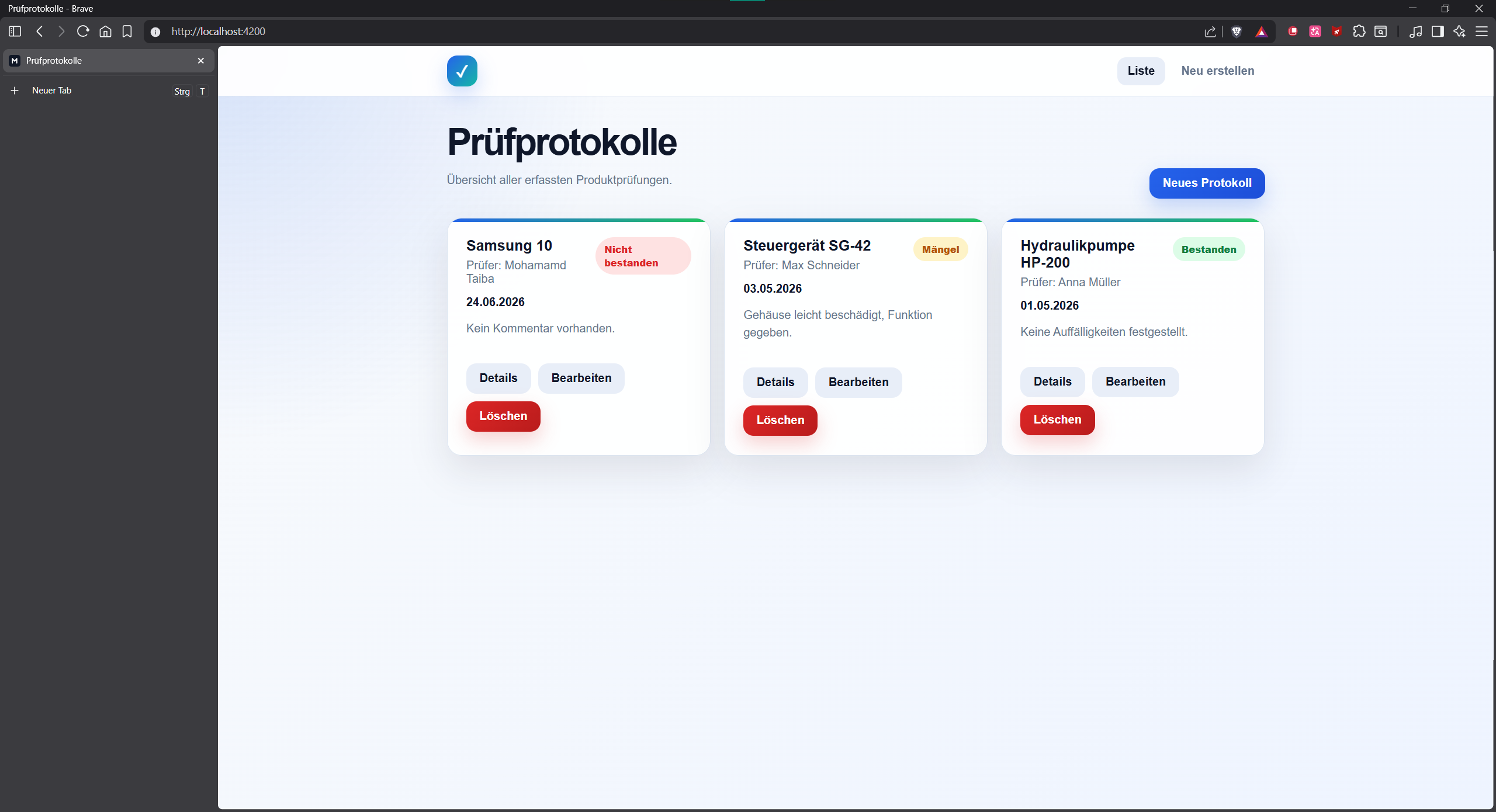 Übersicht der Prüfprotokolle